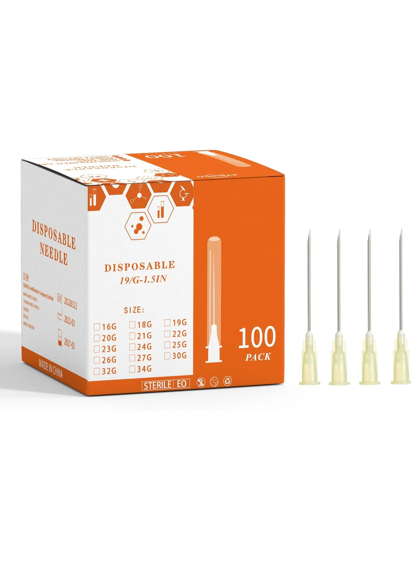 SKYLINE Sterile Disposable Needles (19G, 2.54 cm, 100 Pack) Premium Premium Stainless Steel sd6g1