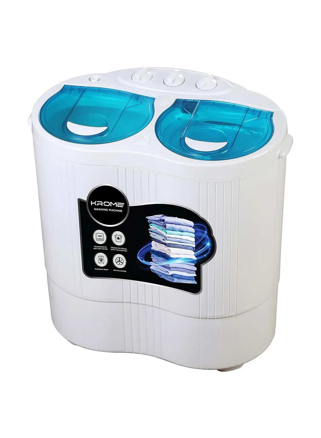 Krome Semi-Automatic Twin Tub Washing Machine Compact Laundry Washer with 3-Knob Control (White, 2.5kg Wash Capacity) vpxd9