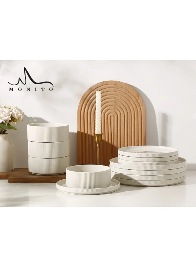 MONITO 12-Piece Stoneware Dinnerware Set, Modern Glossy Finish Kitchen Tableware, Microwave & Dishwasher Safe (Cream White, 12-Piece) yuba2