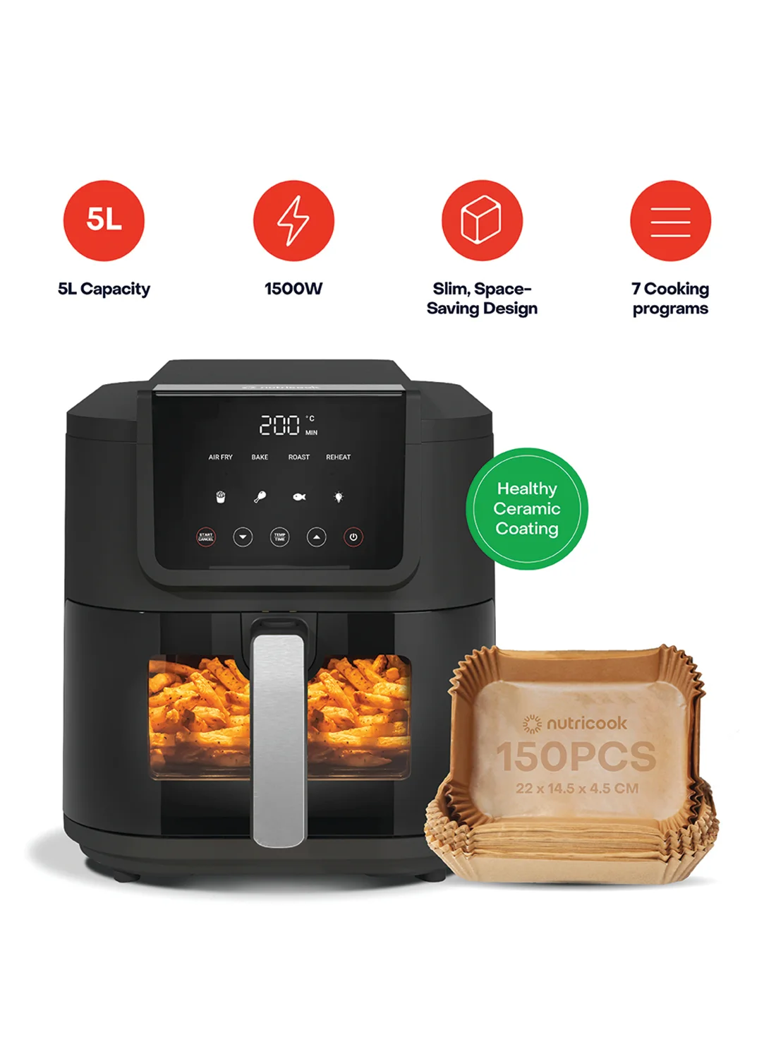 Nutricook Air Fryer Slim with Viewing Window, 1500W Powerful Cooking, 5L Capacity, Space-Saving Design, Multi-Function for Air Fry, Bake & Reheat (Black, 5 L) 32eae