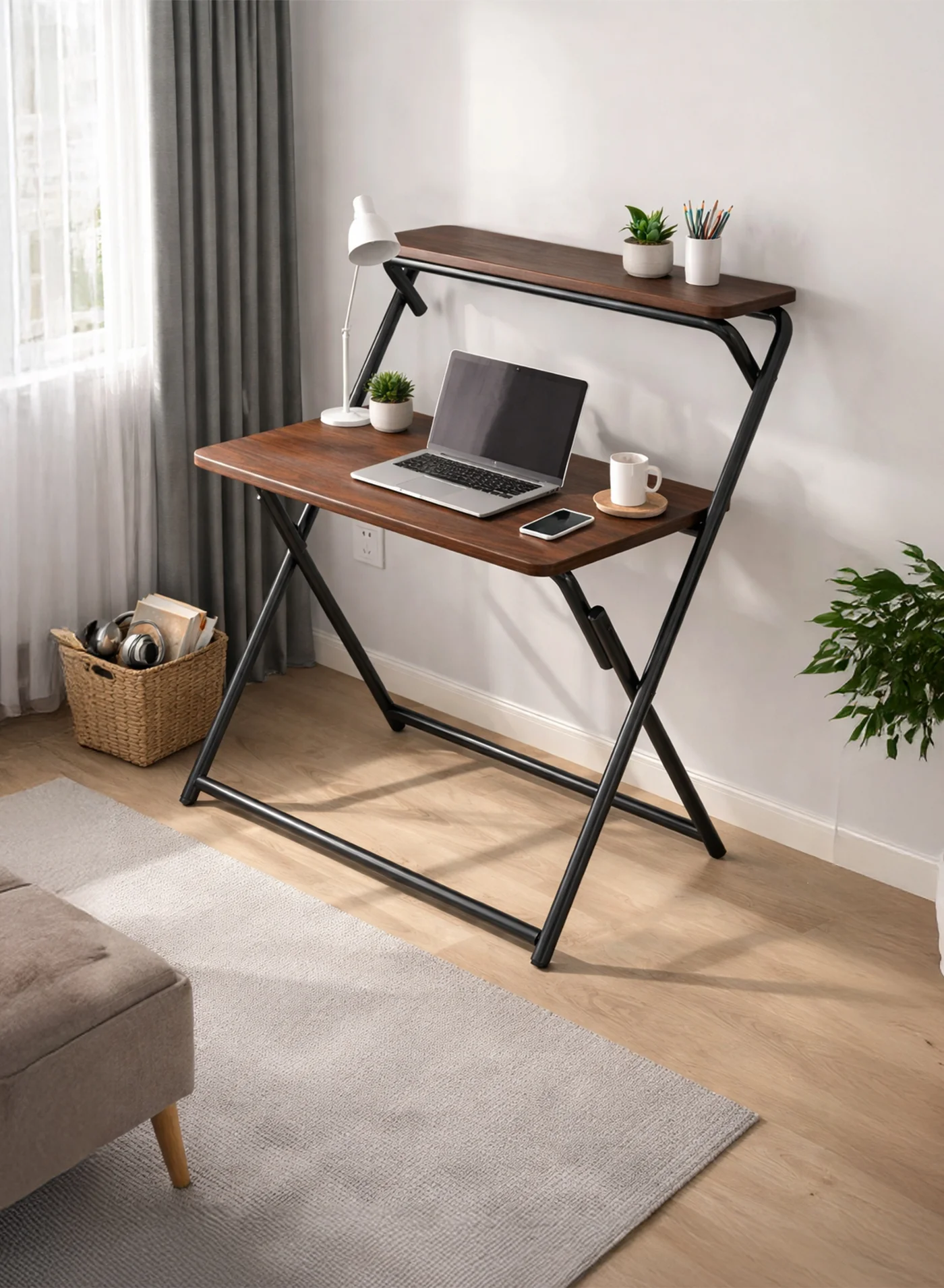 Toshionics Foldable Laptop Desk with Storage Shelf (Brown, 80x40x75 cm) kqn15