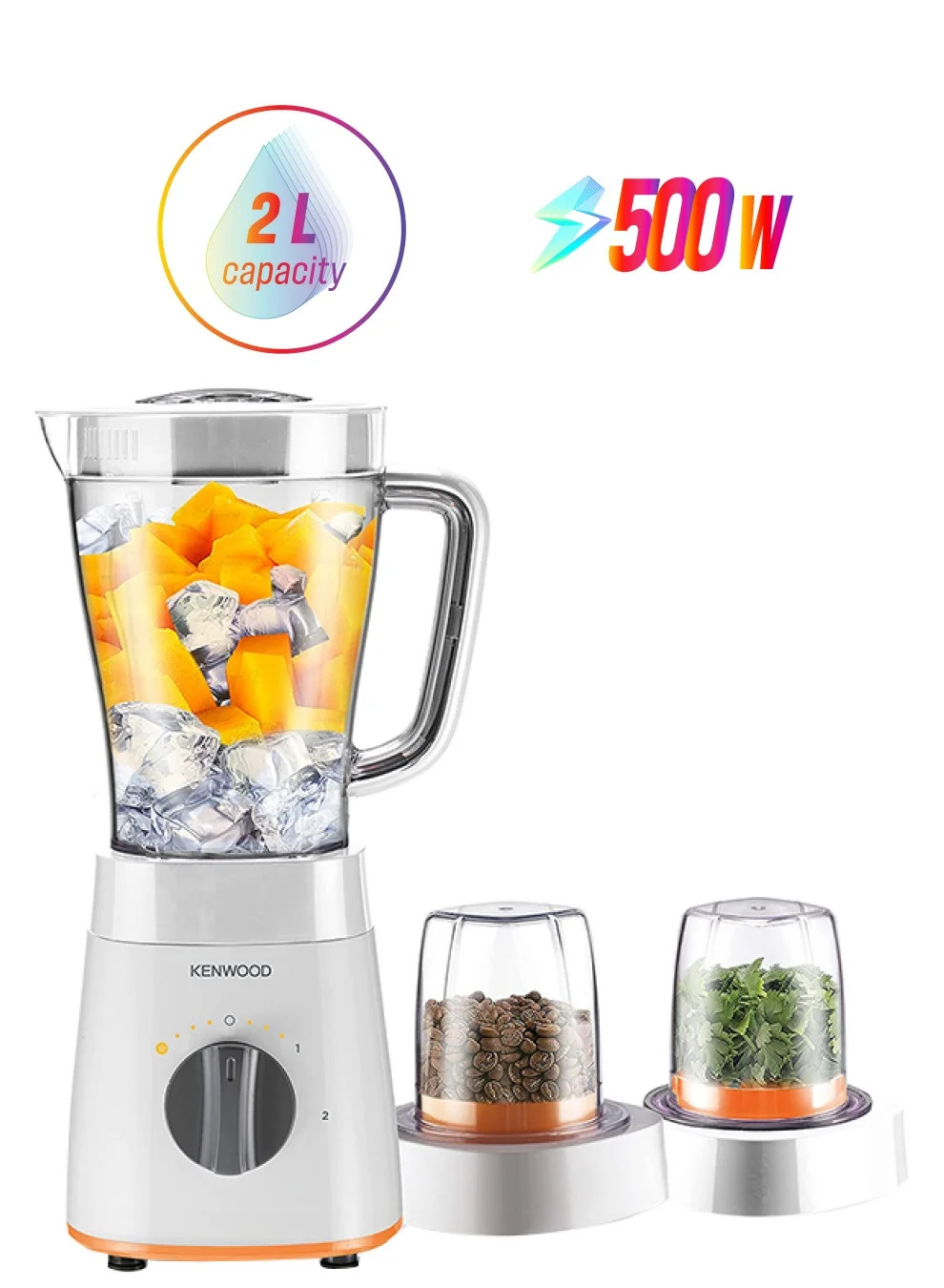 Premium Kitchen Blender with Ice Crush Function and Grinder Attachment (White, 2 L, 500 W) 2riog
