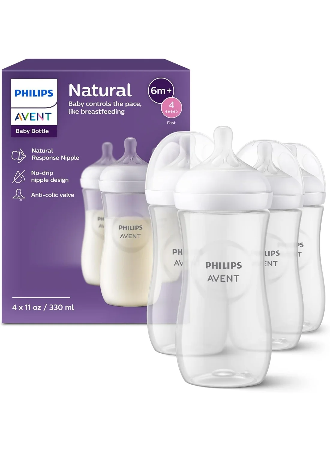 Premium Natural Response Baby Feeding Bottle Set (Clear, 330 mL, 4-Pack) q1z6r