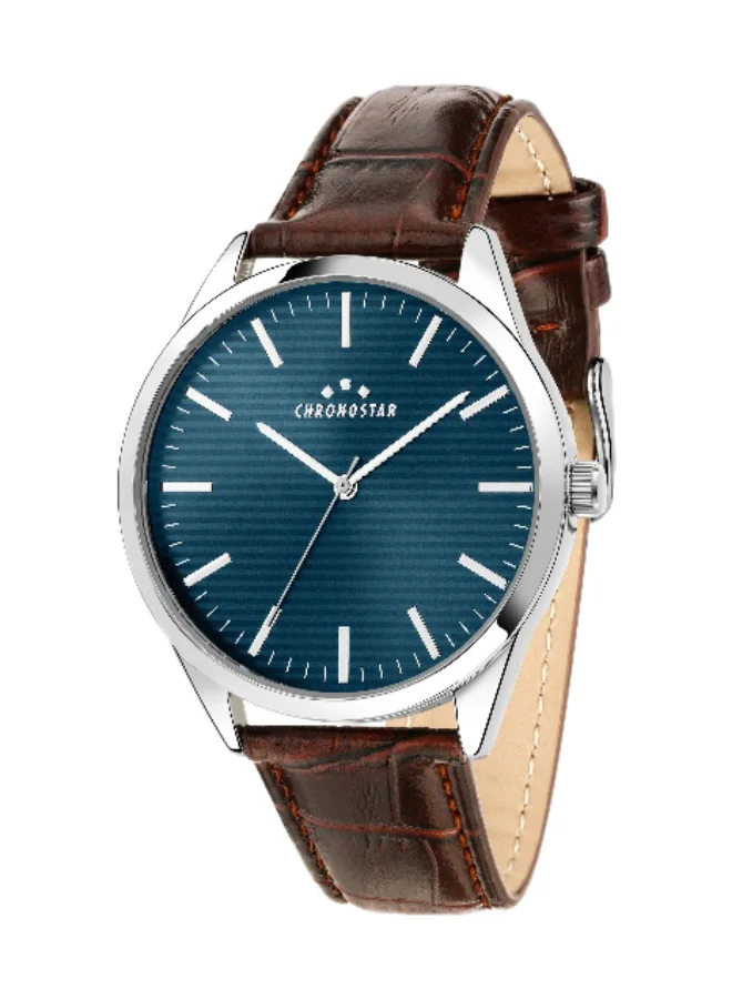 Chronostar Men's Analog Watch with Blue Round Dial and Brown Leather Band (41mm) 7tars