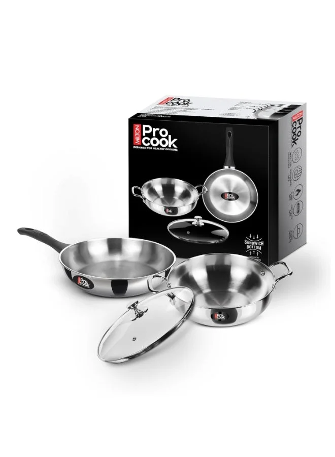 Milton Pro Cook Sandwich Bottom 3-Piece Cookware Set Stainless Steel Kadhai and Fry Pan with Lid (22 cm) 8401l