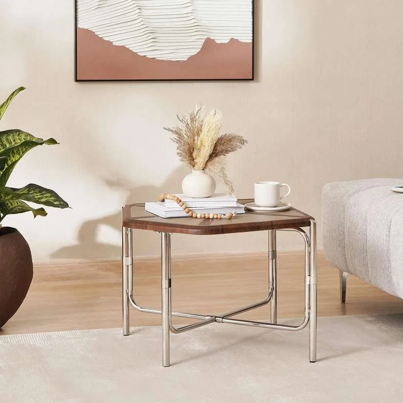 Pan Home Aden End Table with Walnut Veneer and Silver Accents (Modern Side Table) wd50i