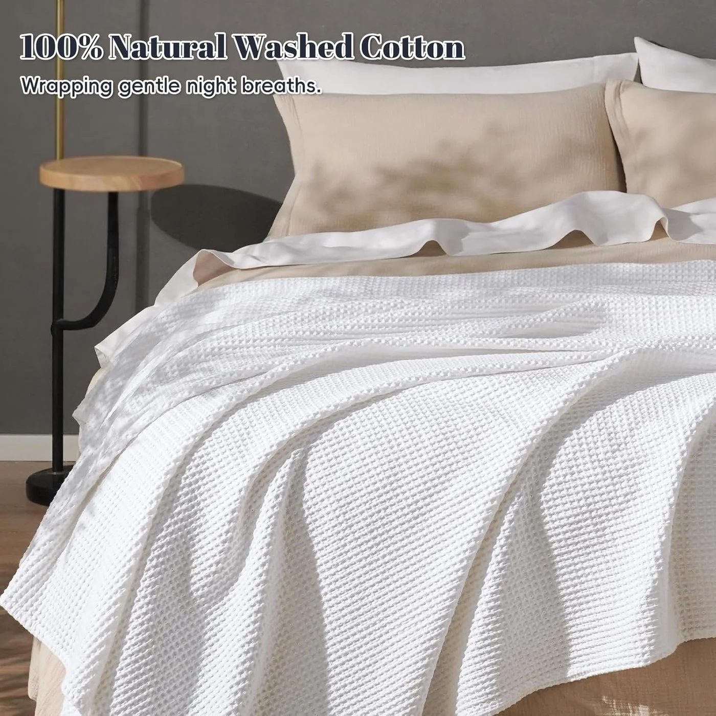 PHF Pre-Washed Cotton Waffle Weave Blanket Premium Breathable Bed Throw (White, 228 cm x 228 cm) unqir