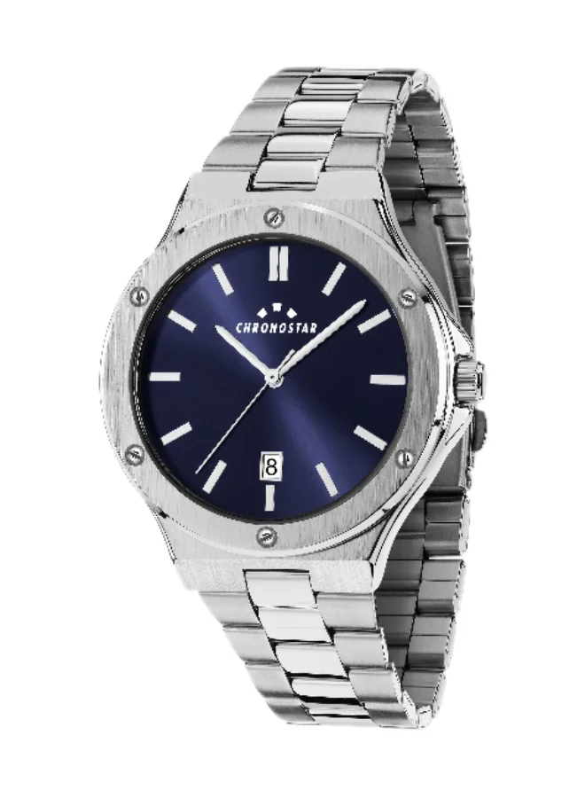 Chronostar Men's Analog Watch Round Blue Dial with Silver Stainless Steel Band (42mm) 9pshv