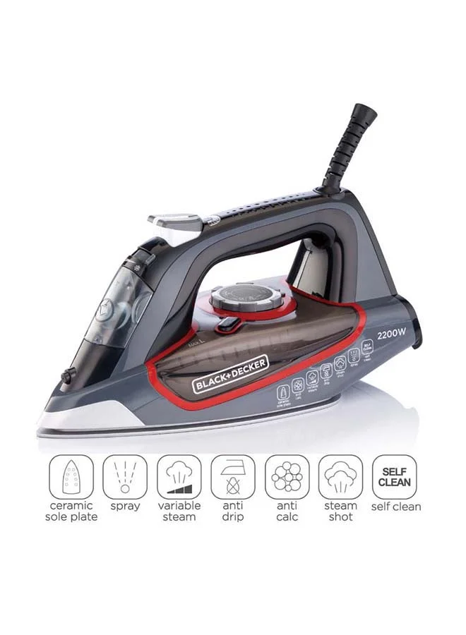 Premium Steam Iron with Ceramic Soleplate, 2200W Powerful Burst, 380ml Water Tank, 27 Steam Vents for Even Heat Distribution (Grey, 380 mL) kh0um