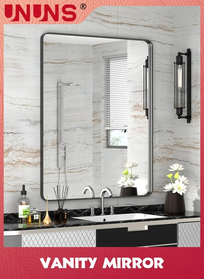 UNUNS Wall-Mounted Vanity Mirror with Aluminum Frame, Modern Rounded Corner Bathroom Mirror for Home Decor (Black, 50 x 70 cm) 9kvja