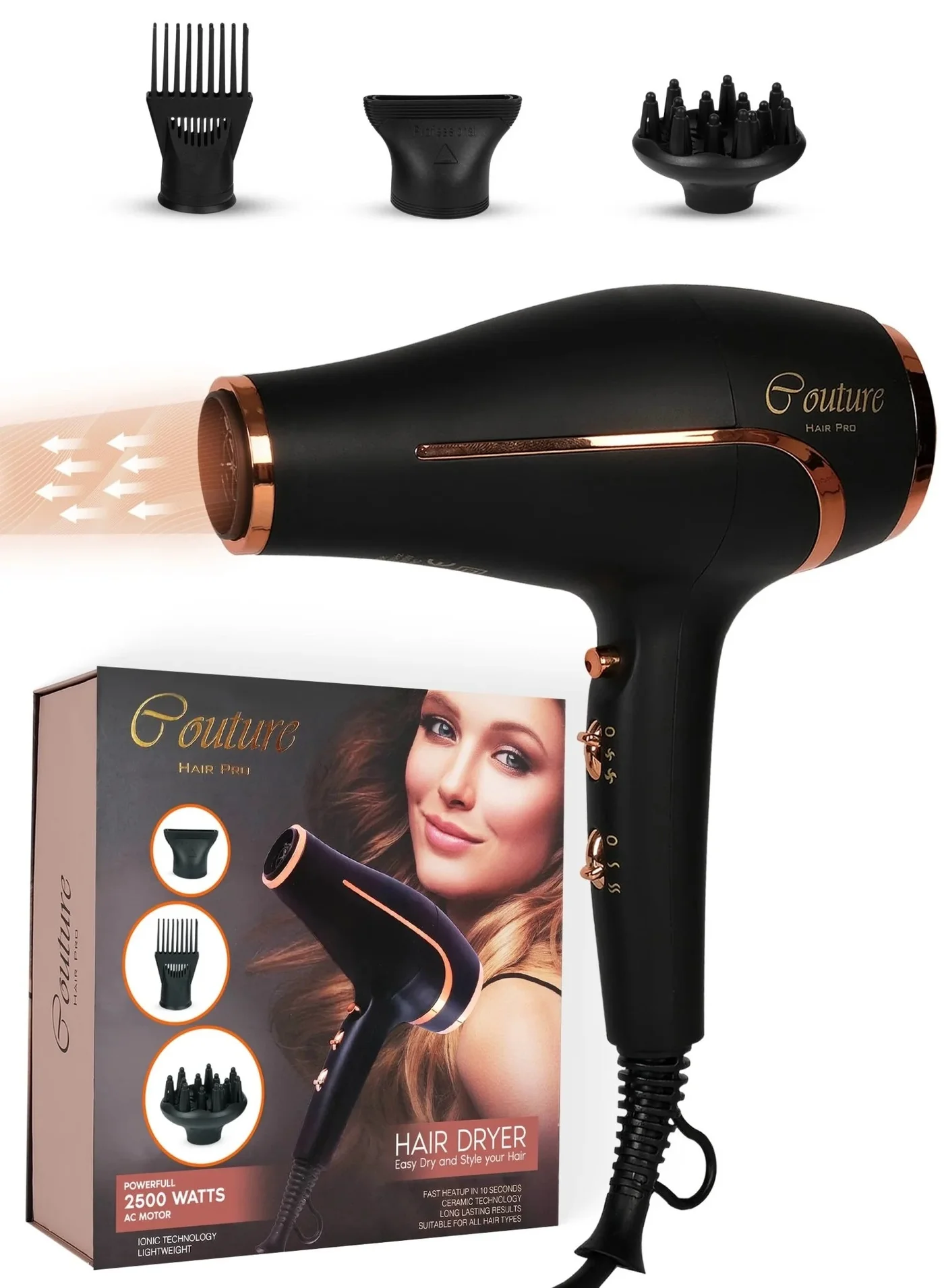 Couture Hair Pro Professional Ionic Hair Dryer (2500 Watts, High-Speed AC Motor) for Fast Salon-Quality Drying a8uf8