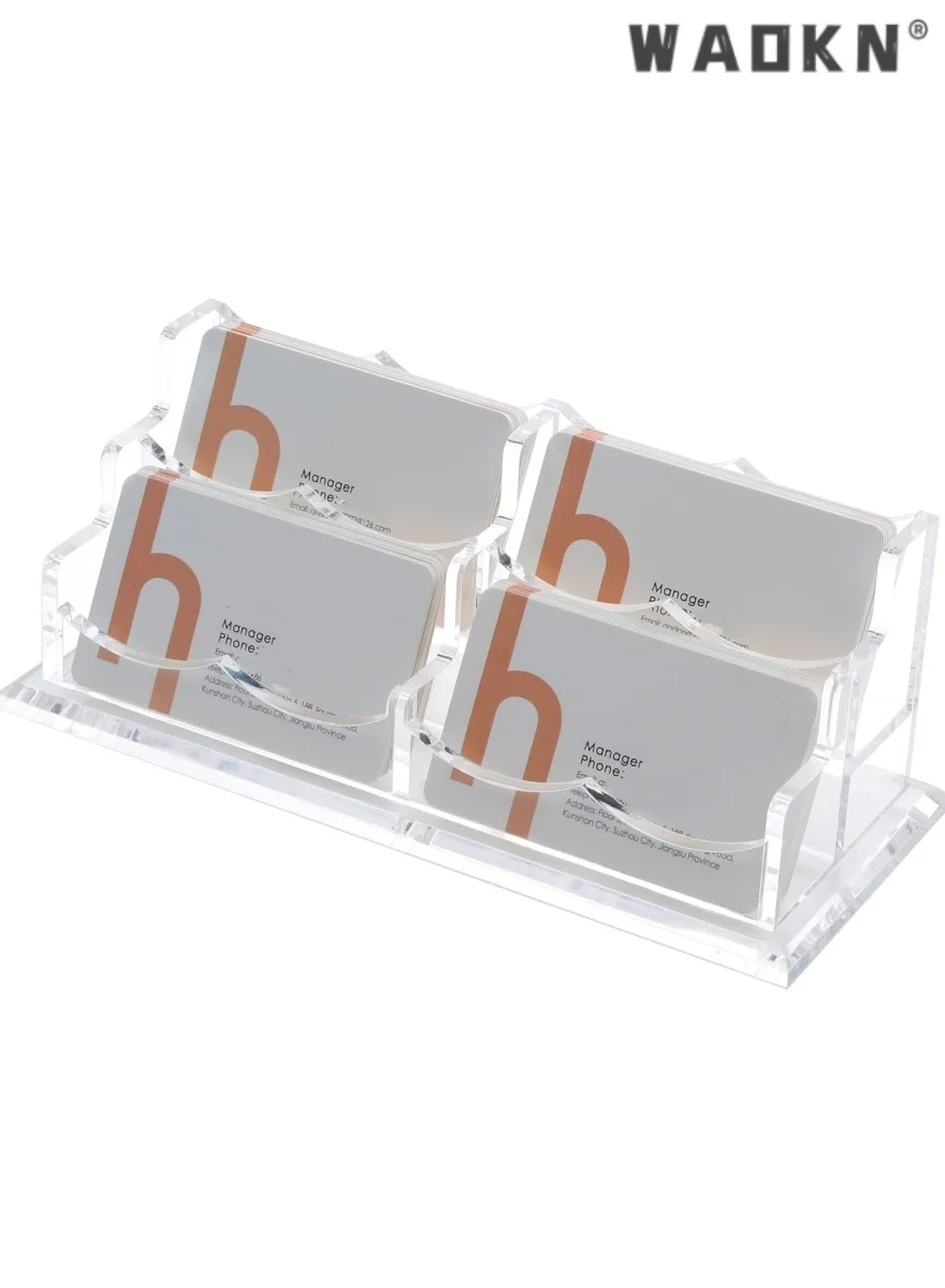 WAOKN Business Card Holder for Desk 2 Tier 4 Slots, Premium Clear Acrylic Display Stand for Office Organization (4 Slots, 200 Card Capacity) bukrm