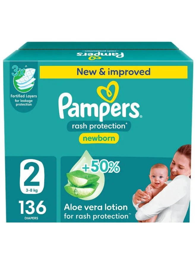 Premium Rash Protection Taped Diapers (Size 2, 3-8kg, 136 Count) - Gentle Absorbent Care for Infants woxfw
