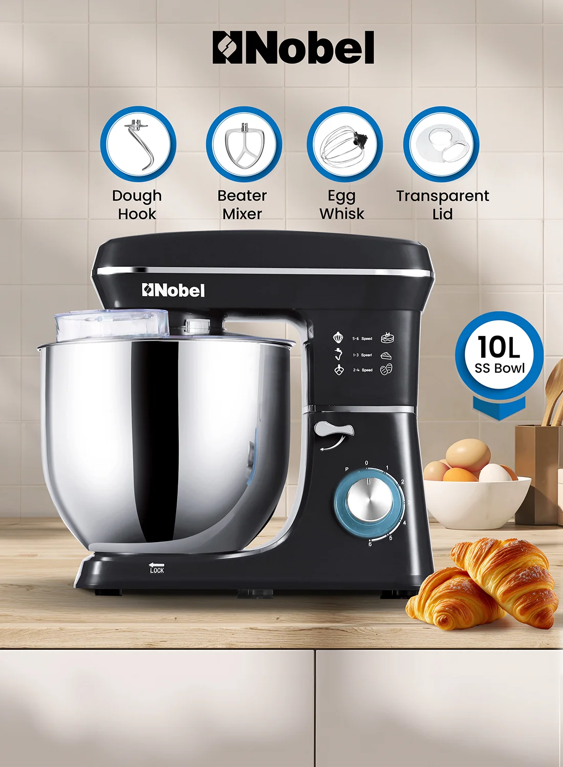 Nobel Stand Mixer with 10L Stainless Steel Bowl, 1100W Copper Motor, 6-Speed Control, Professional Kitchen Appliance (Black, 10 L) xddld