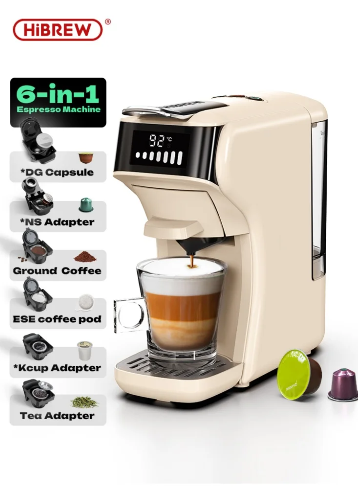 HiBREW 6-in-1 Multifunction Espresso Coffee Machine with 5 Adaptors for Capsules and Ground Coffee (Hot and Cold Brewing, Auto Shut Off) iw3qk