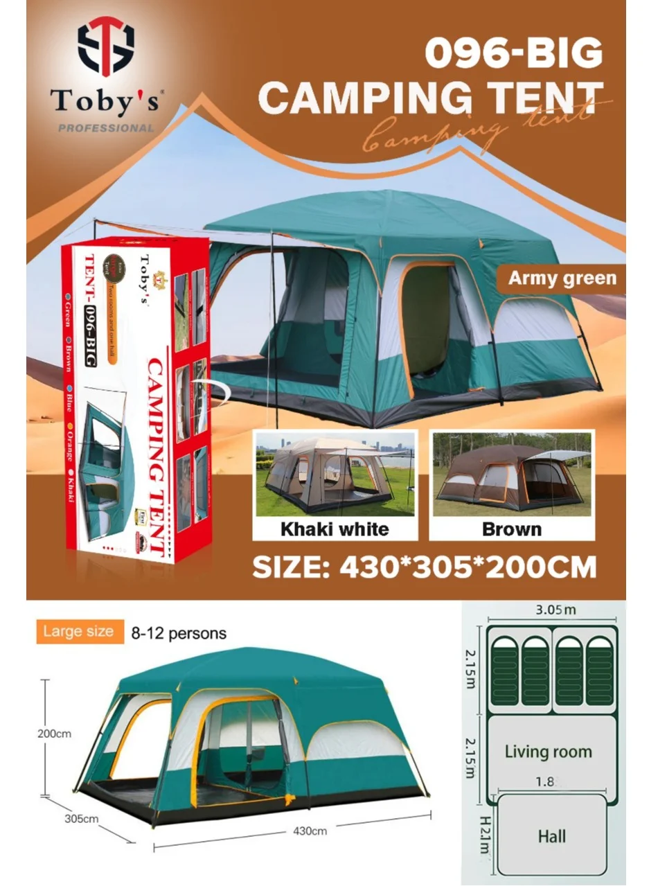 Cyber Large Family Camping Tent (8-12 Person) Waterproof Double Layer Cabin Tent with Two Bedrooms and Living Room (Green) gmpic