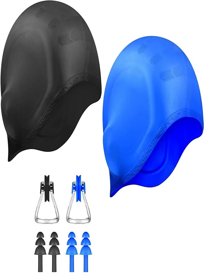 Spanker Silicone Swim Caps with 3D Ear Protection (Blue and Black, Pack of 2) for Men Women and Kids 8kib6