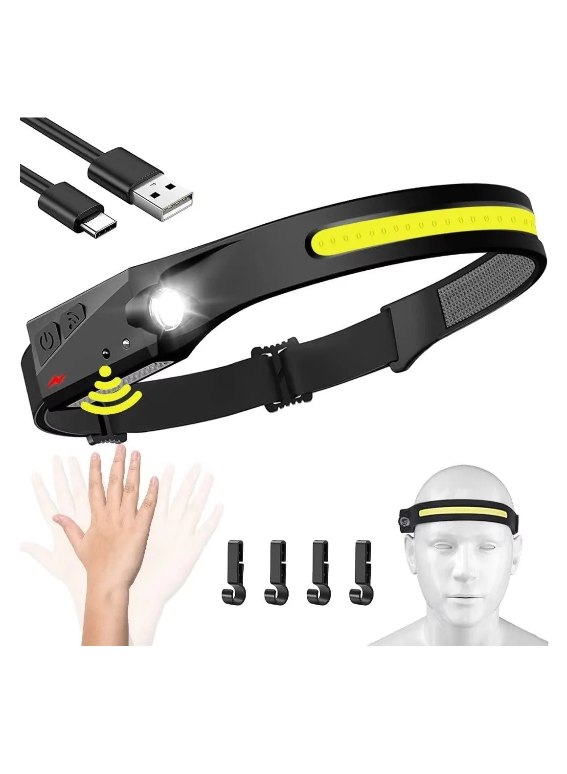 MIXDE Rechargeable LED Headlamp 230¡ã Wide Beam Motion Sensor Waterproof Light for Hiking Camping (Black, One Size) v9px8