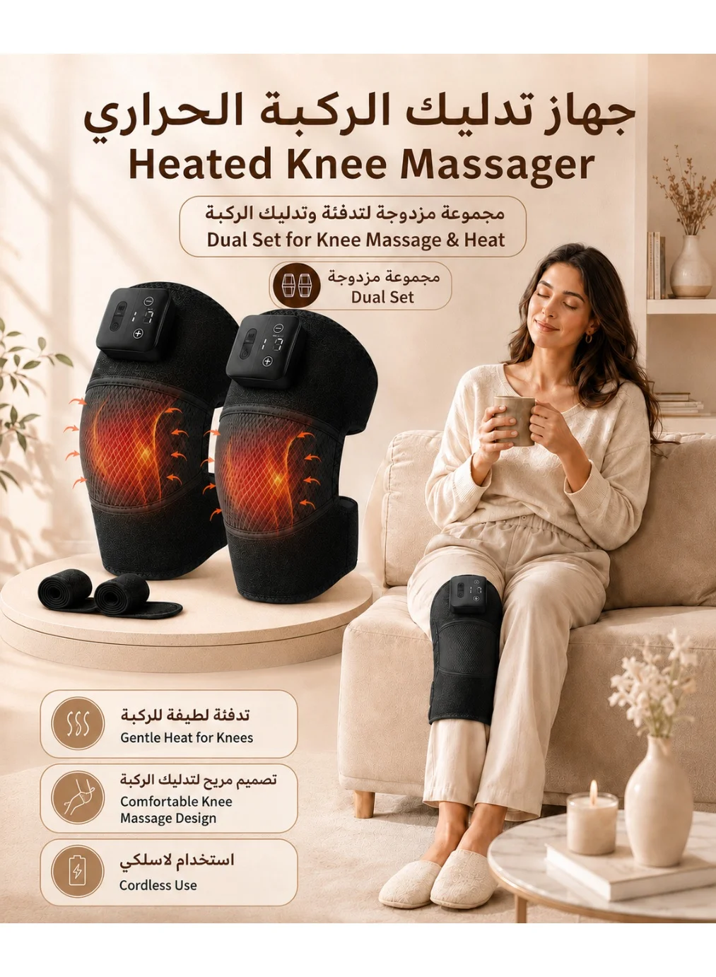Premium Cordless Heated Knee Massager Set, Adjustable Vibration Wrap for Joints and Muscles (2 Pack) 62hqq