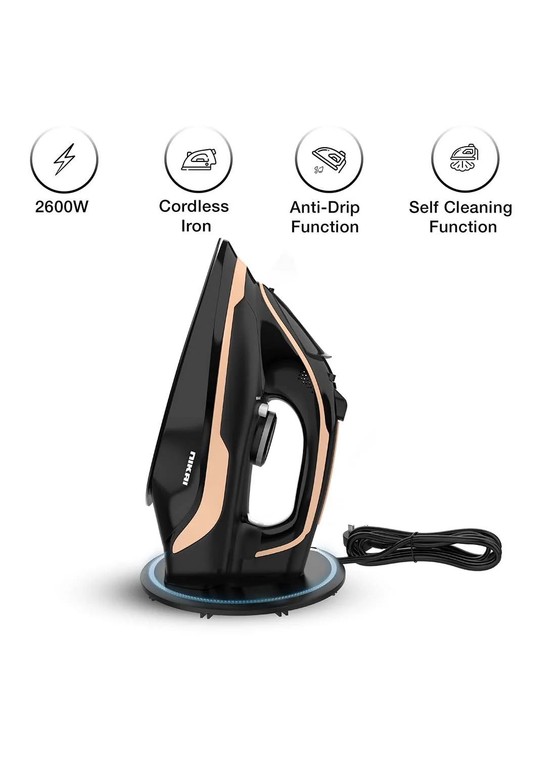 Nikai Cordless Steam Iron with Non-Stick Soleplate and 360-Degree Charging Base (Black, 2600W) 4eehf