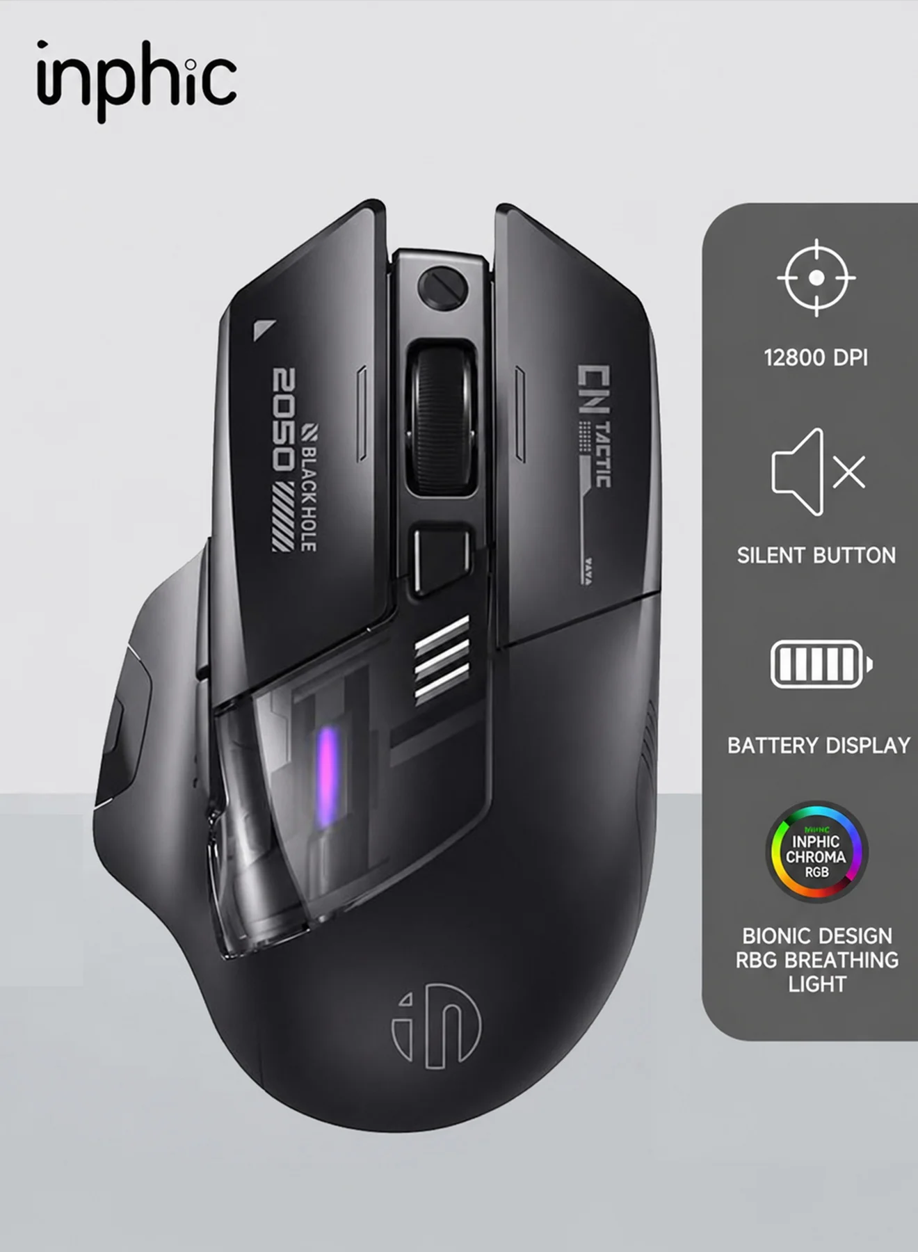 Inphic Wireless Gaming Mouse Tri-Mode Bluetooth 2.4G USB-C Ergonomic 12800 DPI RGB (Black) z68a6