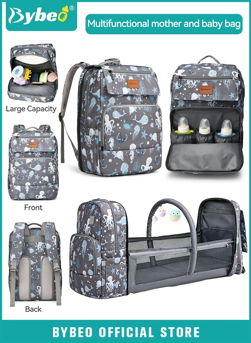 Bybeo Multifunctional Diaper Bag Backpack with Changing Station (Large Capacity, 900D Oxford, USB Port, Grey) snemt