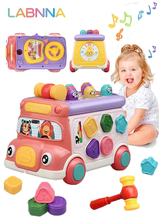 LABNNA Interactive Music Activity Bus Toy Educational Shape Sorter Car with Sound and Light Effects (Pink) 3of4k