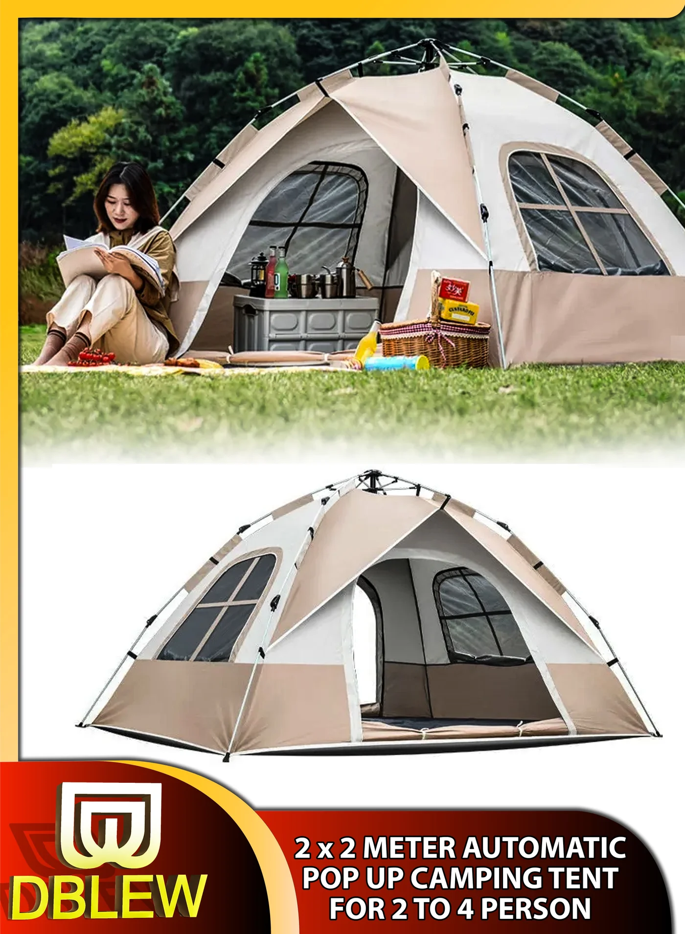 Cyber 4 Person Automatic Pop-Up Camping Tent Waterproof Hydraulic Dome Shelter for Outdoor Hiking and Beach (240 x 240 x 150 cm) 27m36