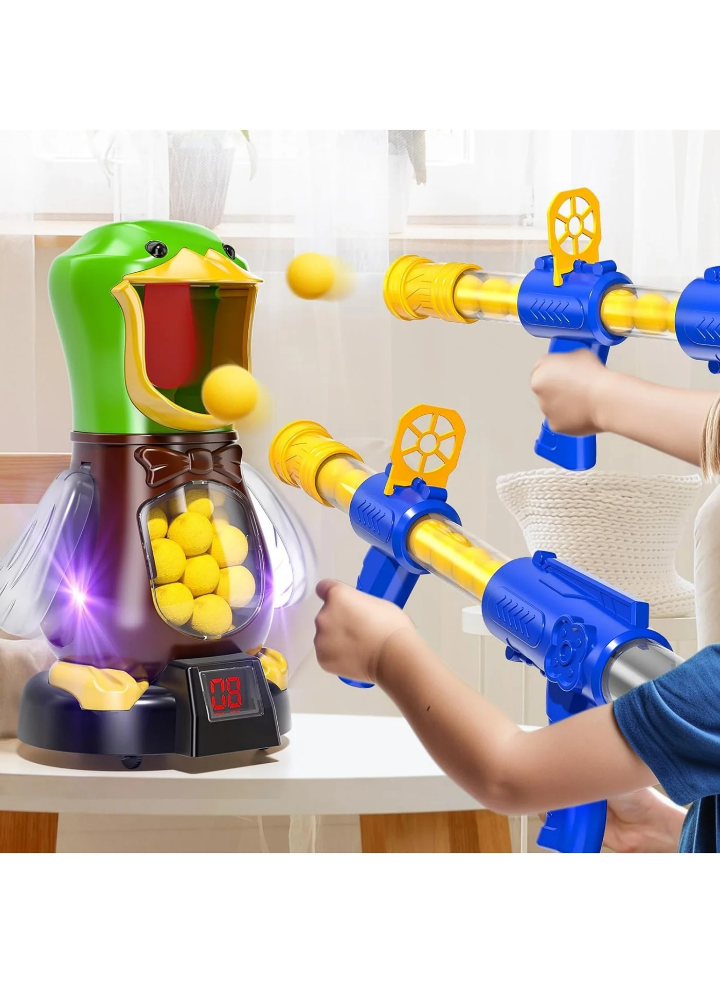 Interactive Moving Duck Shooting Game Set with 24 Foam Balls and 2 Air Pump Launchers for Kids (Indoor and Outdoor Competition Toy) 2jrf6