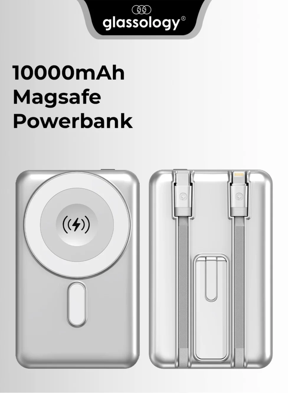 Glassology Magnetic Wireless Power Bank 10000mAh Portable Charger with Built-in Cables and Foldable Stand (10000mAh) k8chz