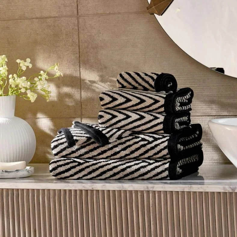 Pan Home Chevron 6-Piece Yarn-Dyed Towel Set (Black/Beige, Cotton, Premium Bathroom Essentials) lee9x
