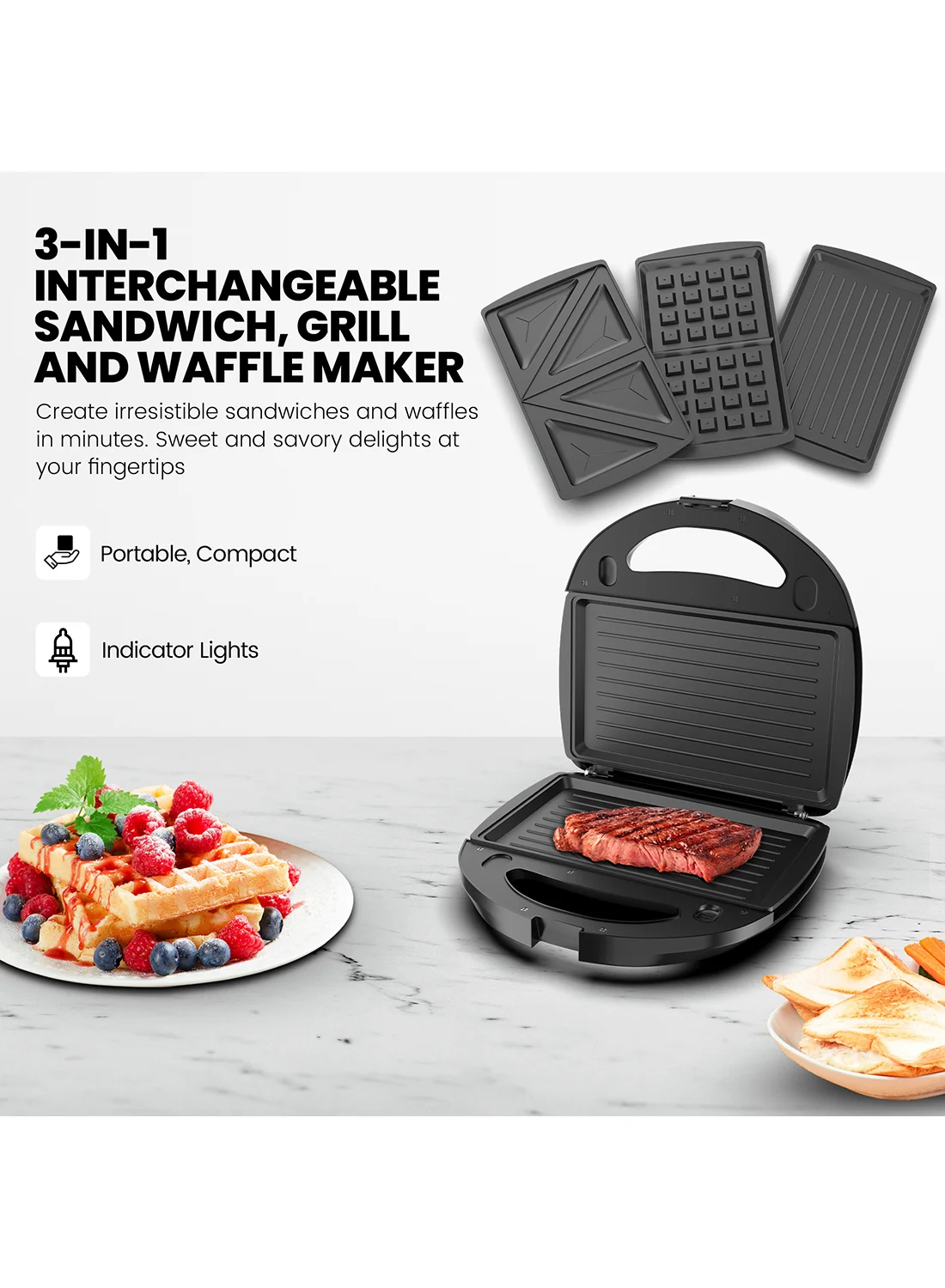Nikai 3-in-1 Multi-Function Sandwich Maker with Grill and Waffle Plates (750W, Black) y3rhx