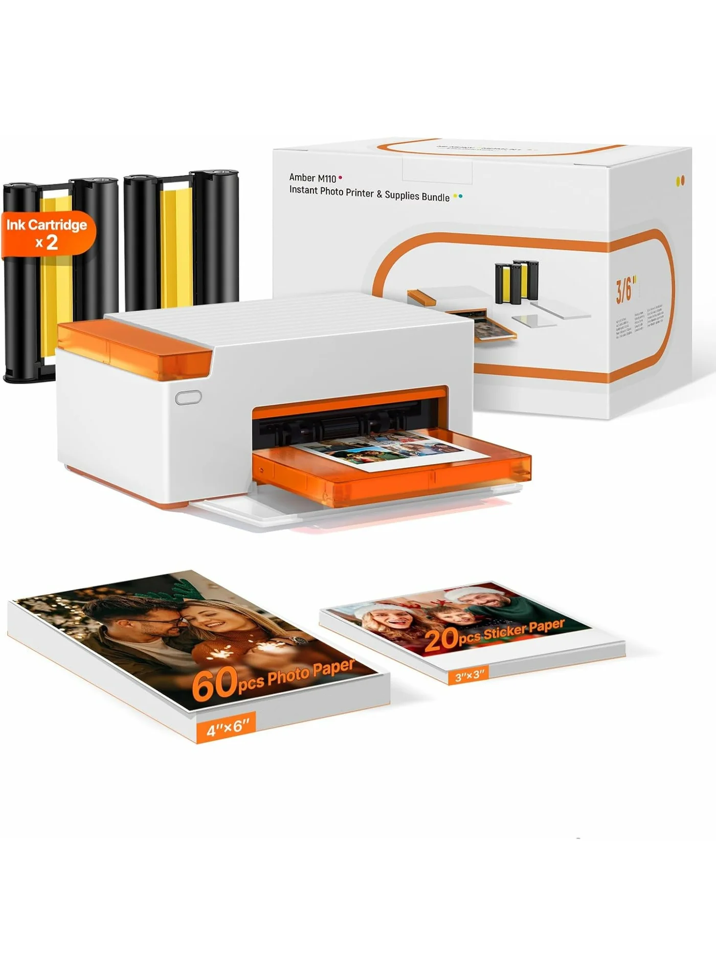 Portable Dye-Sublimation Photo Printer Bundle with Bluetooth Connectivity (4x6 inch and 3x3 inch, 60 Sheets) 8gurt