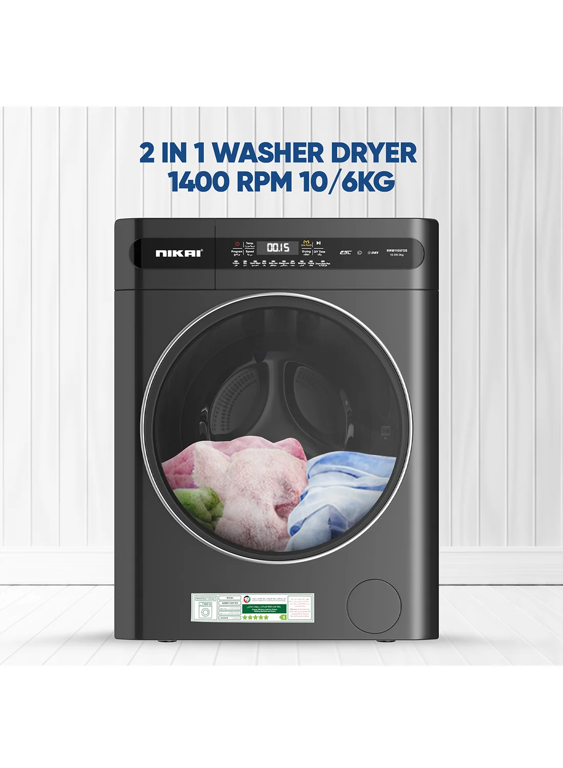Nikai Fully Automatic Washer Dryer Combo (10kg Wash, 6kg Dry, 18 Programs, 2000W) - Blue egxoa