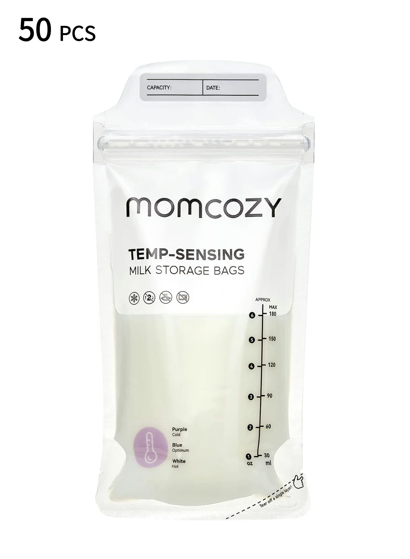 Momcozy Breast Milk Storage Bags, Temperature-Sensing Freezer Pouches with Self-Standing Base (50 Count, 180 mL) mqx9i