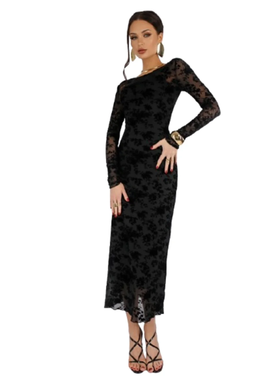 AURA Women's Velvet Floral Mesh Midi Dress Slim Fit Sheer Tulle Evening Gown for Formal Parties and Weddings bo5rv