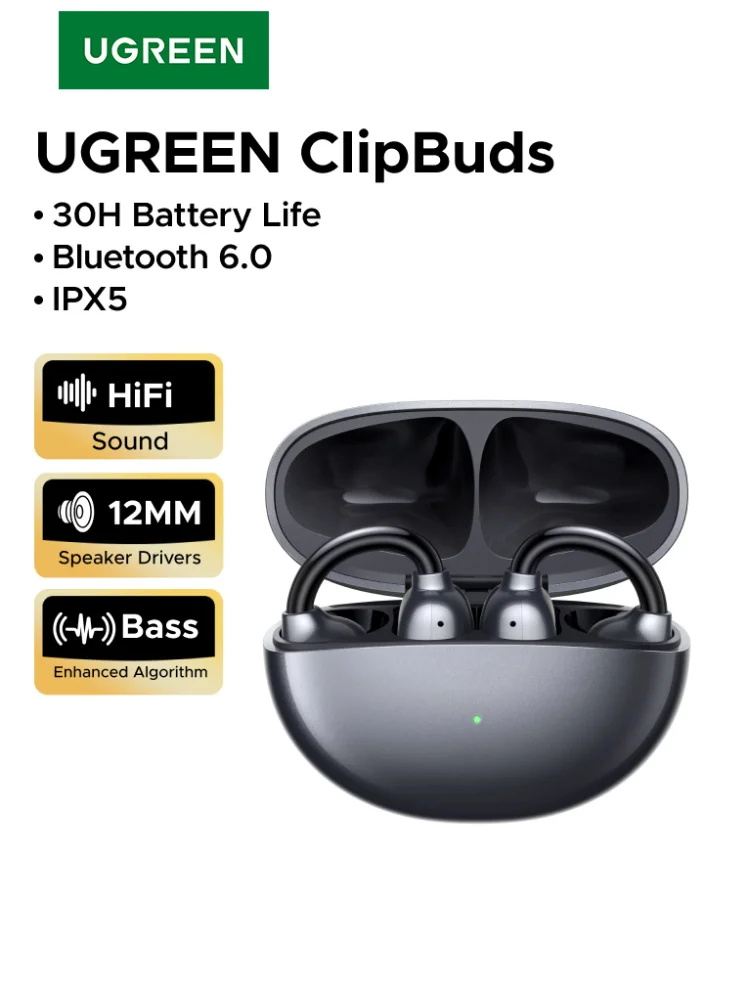 Premium Open-Ear Wireless Clip-On Headphones with 12mm Diaphragm and 4-Mic Noise Reduction for Fitness (Black) ncqy8
