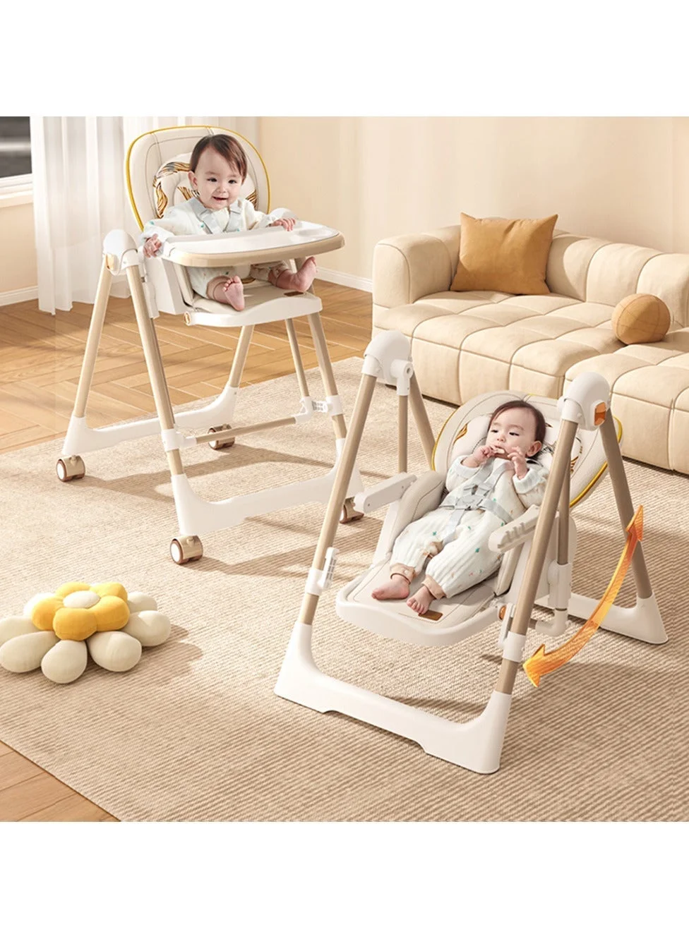 OLUDENIZ 3-in-1 Multifunctional Baby High Chair - Adjustable Dining, Feeding, and Swing Seat for Infants and Toddlers kwfs9