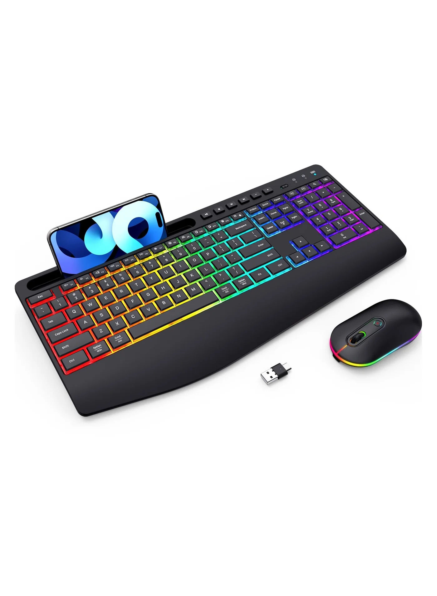 Aookay Wireless Keyboard and Mouse Combo RGB Backlit Rechargeable Full-Size Ergonomic Set with Integrated Device Holder for PC Laptop (Black) 1vhs7