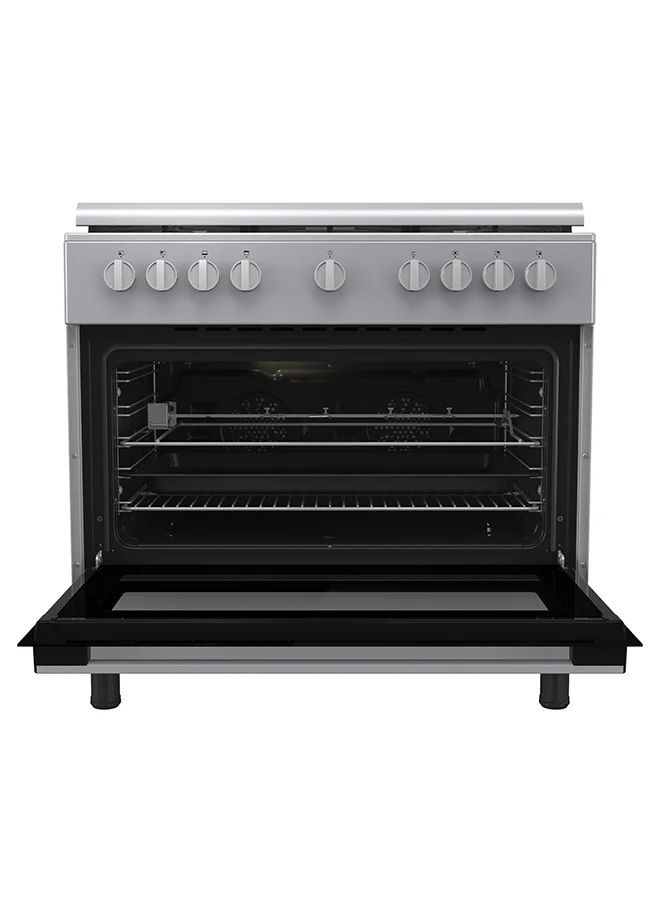 Premium 90 cm Freestanding Gas Cooker with AirFry Function, 5 Burners, 110 L Capacity, Dual-Ring Wok Burner, Flame Failure Safety (Grey, 90 cm) k9d1v