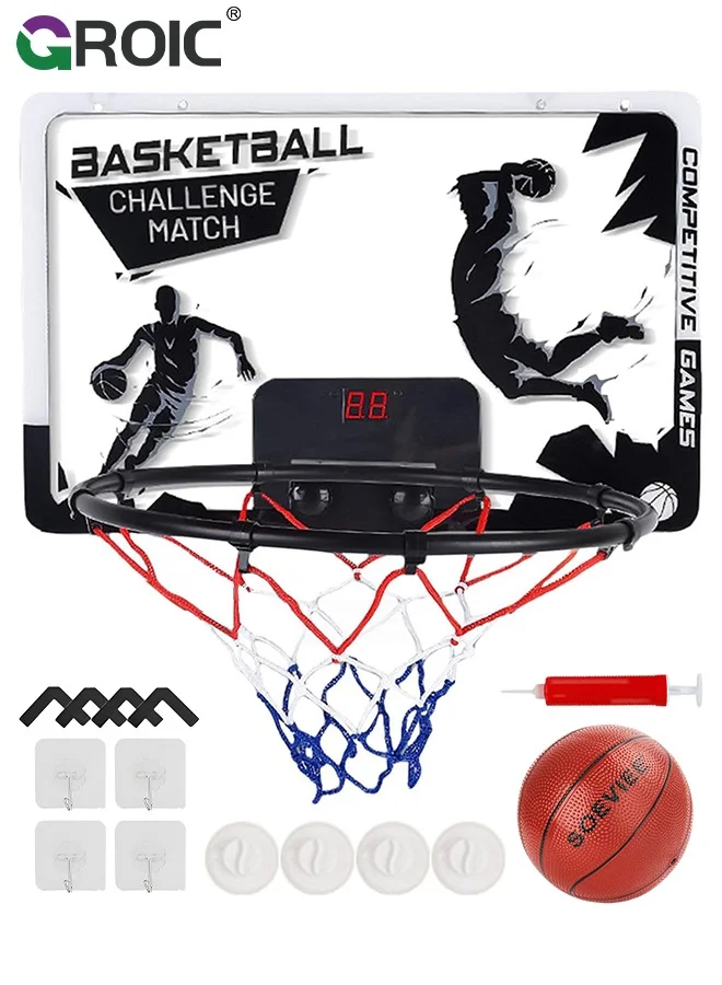 GROIC Mini Basketball Hoop with LED Electronic Scoreboard (Black, 40cm x 26cm) Indoor Wall Mounted Sport Set for Kids 6bch0