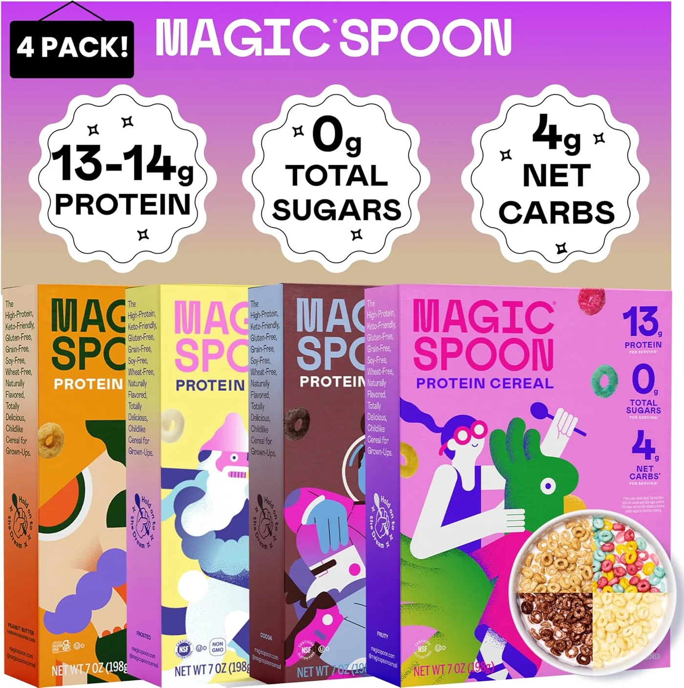 Premium Low Carb Protein Cereal Variety Pack (Gluten-Free, Keto-Friendly, 4 Boxes of 198g Each) 8l5ai