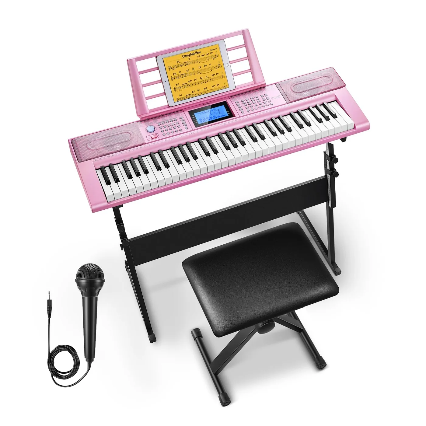 61-Key Electric Keyboard Piano Set with Stand Stool and Microphone for Beginners (Pink, 61 Keys) i6v23