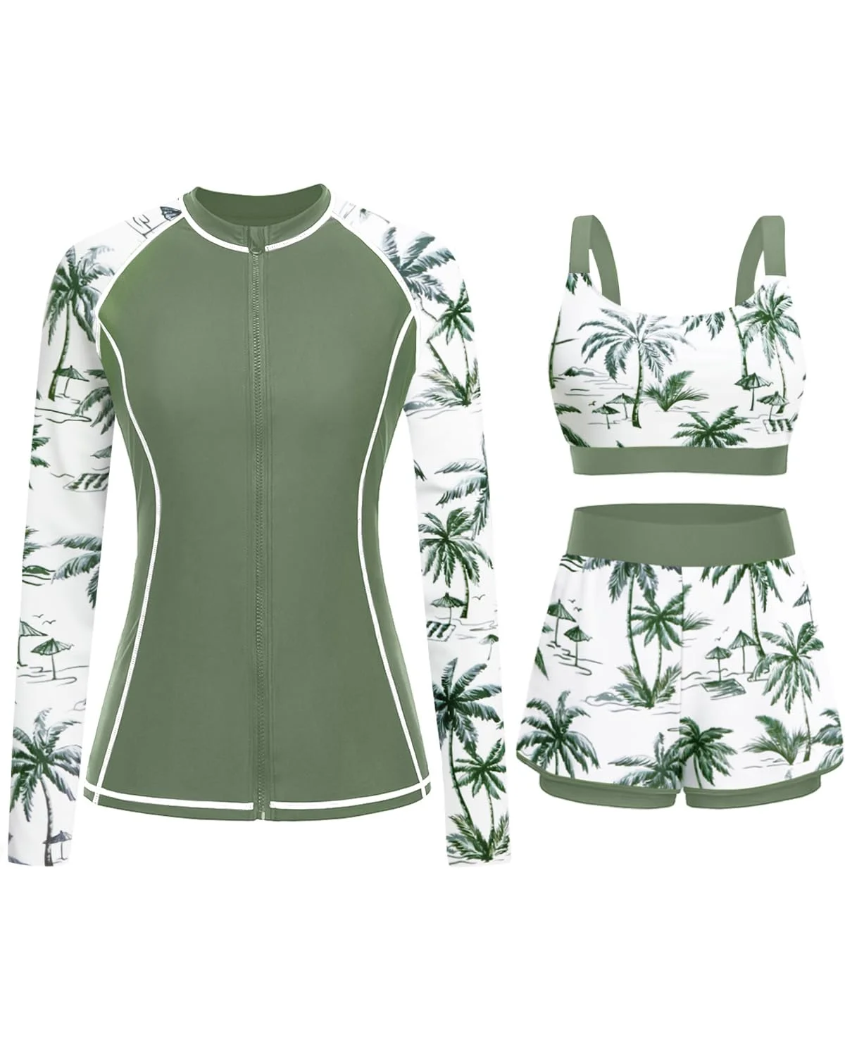 Daci Palm Tree Print Rash Guard Set (Green, L) - Long Sleeve Swimwear with Shorts and Built-in Bra for Women ehccd