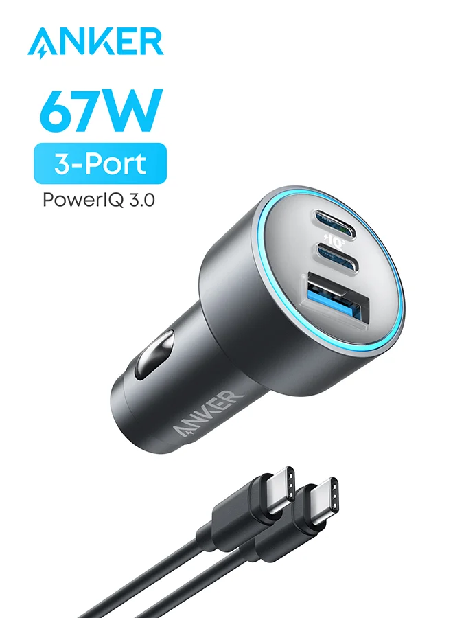 High-Speed 67W 3-Port USB-C Car Charger Adapter, Fast Charging Vehicle Power Delivery for Smartphones and Tablets (Gray, 1 Pack) 15om8