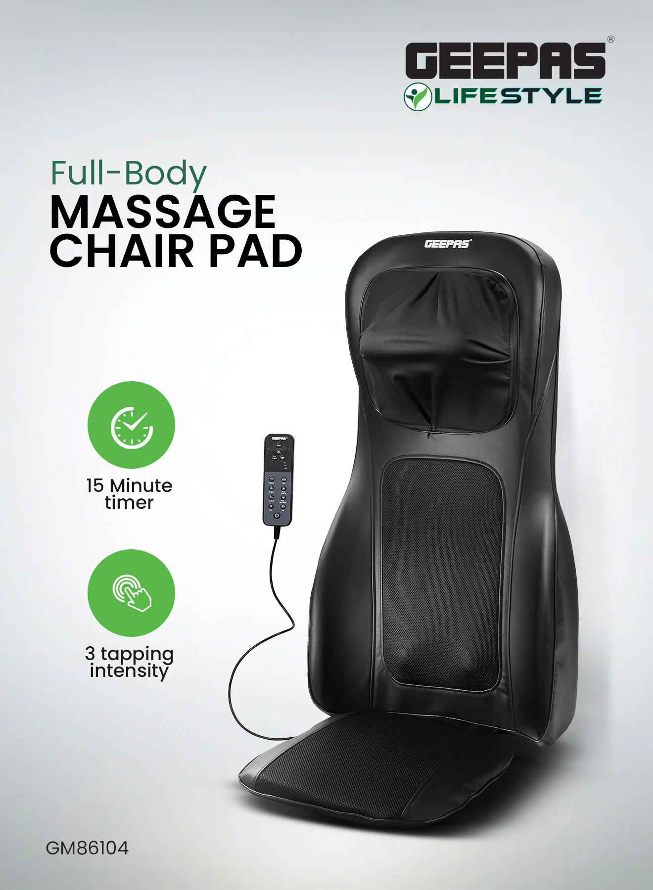 Geepas Full-Body Shiatsu Massage Chair Pad with Remote Control and Customizable Kneading Modes (Black, 1 Unit) 8q9f1