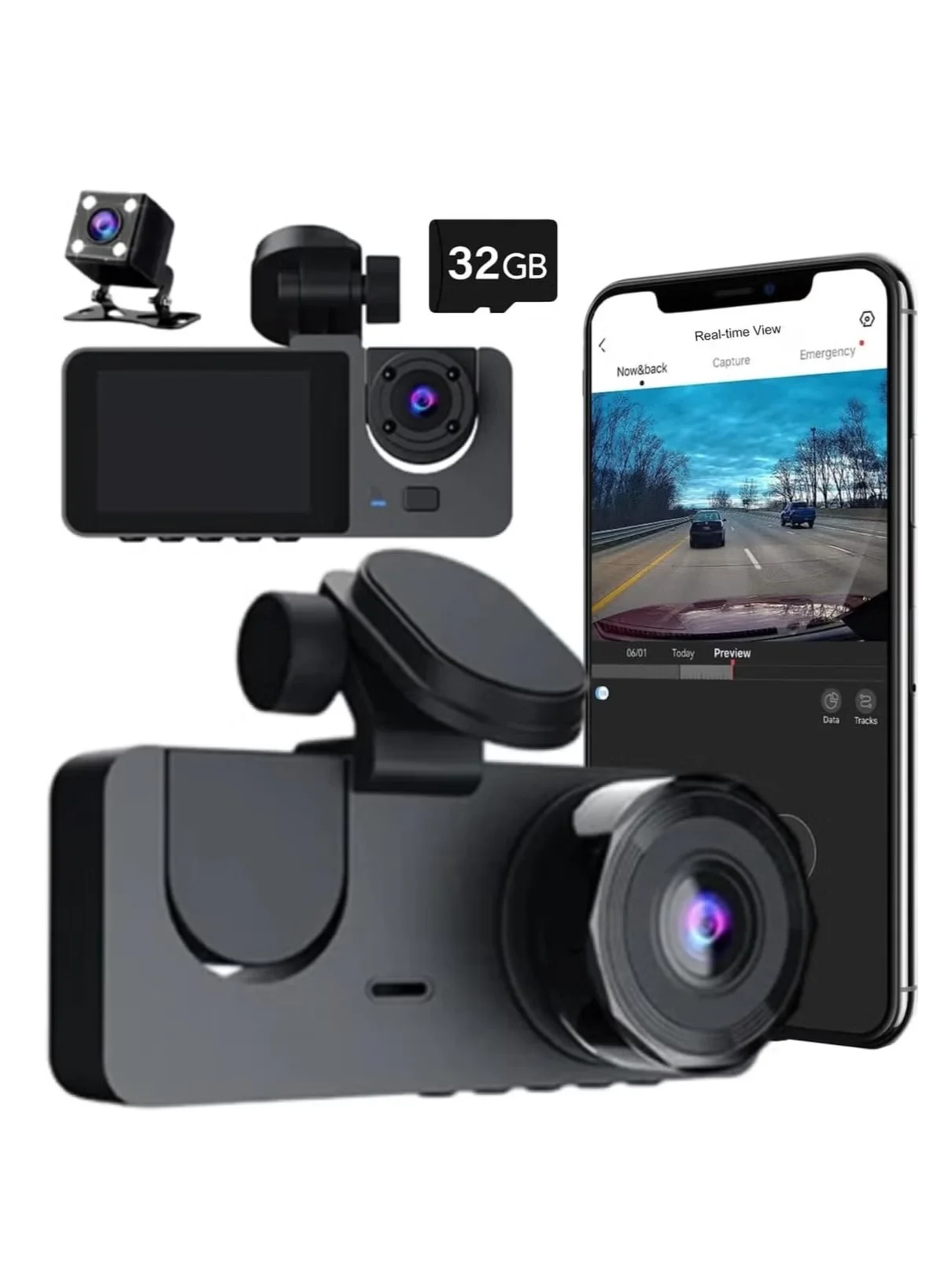 UV Enterprises Triple Channel Dash Cam 1080P FHD Front Cabin Rear View Camera with WiFi (170¡ã Wide Angle) tgaex
