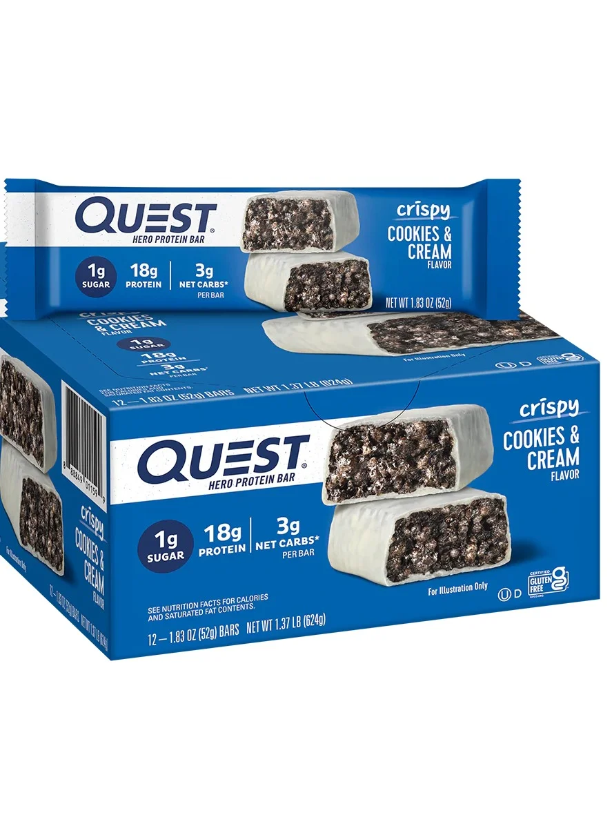 Quest Nutrition Hero Protein Bar Cookies & Cream Flavor High Protein Low Sugar Gluten-Free (12 Bars x 60g) 2su0i