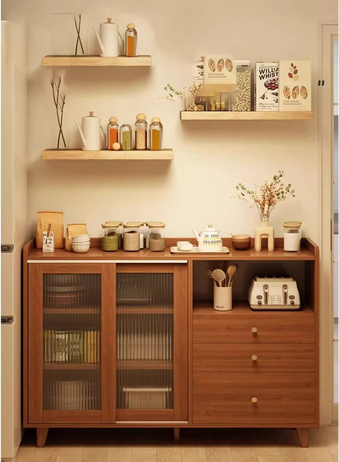 Sharpdo Kitchen Side Cabinet with Sliding Doors and Drawers, Premium Storage Organizer for Dining Room and Living Room (100x36x93cm) nv7lq