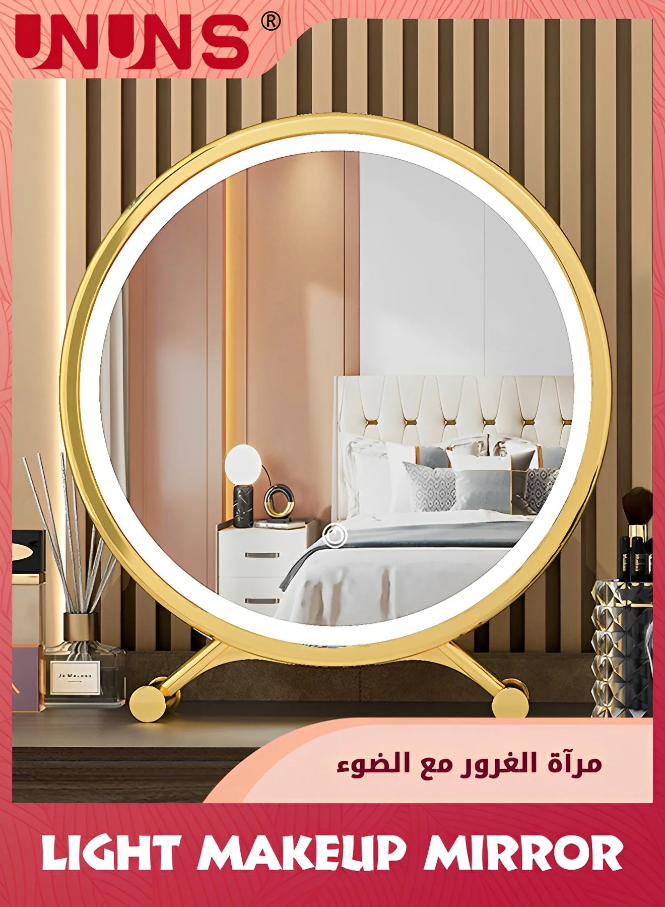 UNUNS Large Round LED Vanity Mirror with Smart Touch Control, 3-Color Dimmable Lighted Makeup Mirror for Bedroom Tabletop (40 cm) n888v